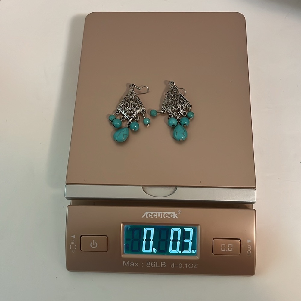 Earrings dangling long turquoise stone triangular shape silver tone metal design - Picture 9 of 9